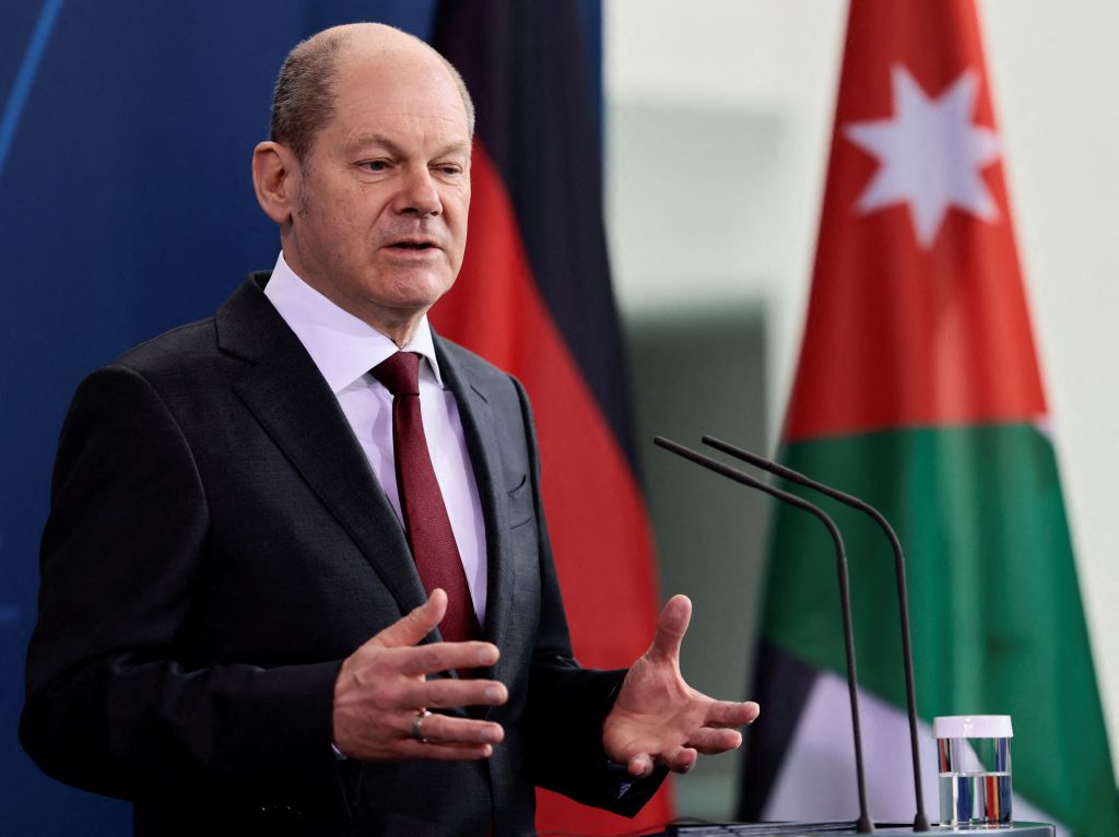 German Chancellor Olaf Scholz speaks during a press conference with the King of Jordan following talks at the Chancellery in Berlin, Germany, on March 15.