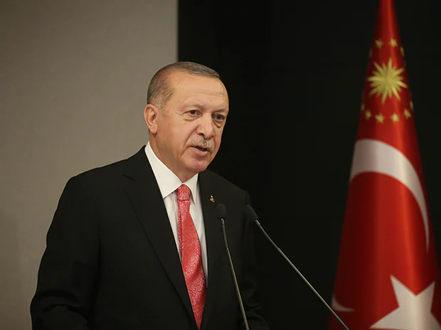 Turkish President Recep Tayyip Erdogan, talks during a televised address to the nation following a cabinet teleconference meeting, in Istanbul. Photo: PTI